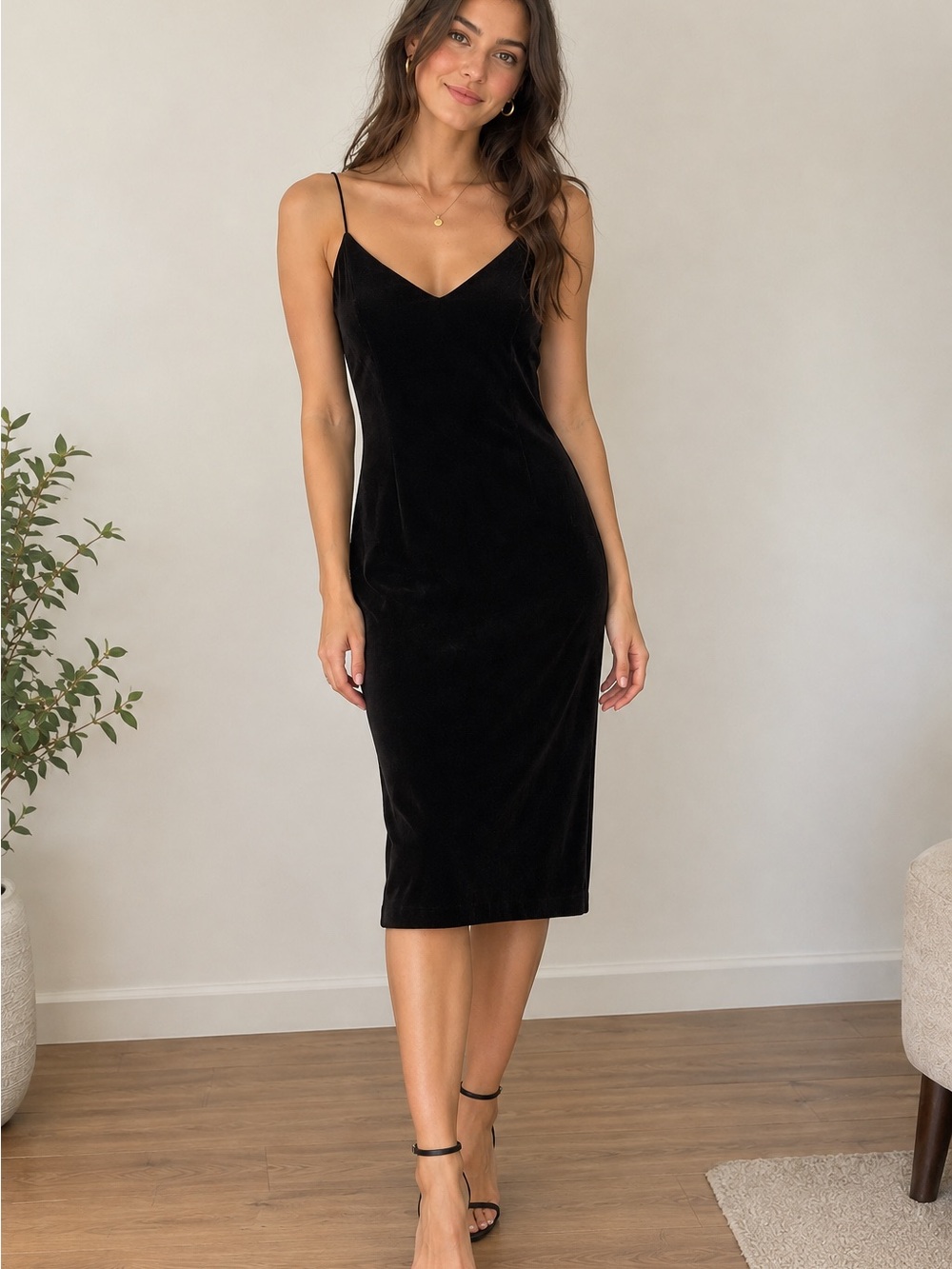 The Vintage Shop Black Slip Midi Dress with V-Neck